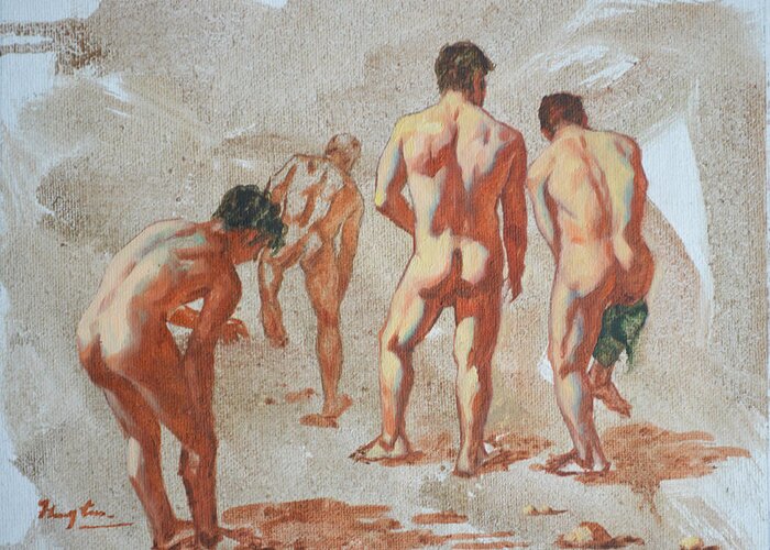 Original Art Greeting Card featuring the painting Original Sketch Oil Painting Artwork Male Nude Man Gay Interest On Canvas #9-019-2 by Hongtao Huang