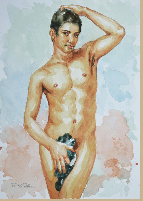 Original Art Greeting Card featuring the painting Original Watercolor Painting Art Male Nude Boy Gay Men On Paper#10-07-07 by Hongtao Huang
