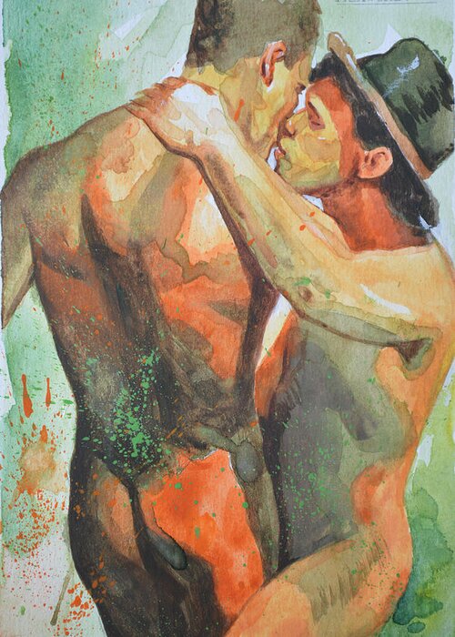 Original Art Greeting Card featuring the painting Original Watercolor Painting Drawing Art Male Nude Gay Man On Paper#510-1 by Hongtao Huang