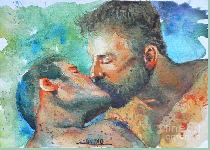 Original Art Greeting Card featuring the painting Original Watercolour Painting Art Portrait Of Two Men ' Kiss On Paper #16-1-26-07 by Hongtao Huang