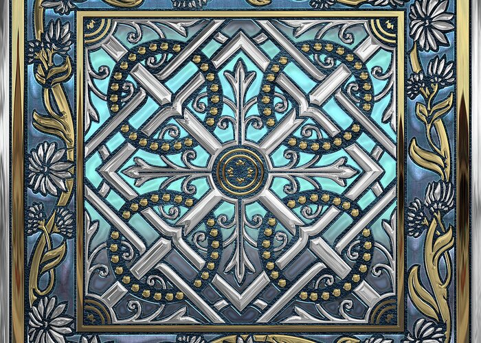 ‘celtic Treasures’ Collection By Serge Averbukh Greeting Card featuring the digital art Ornate Medieval Sacred Celtic Cross over Blue Leather by Serge Averbukh