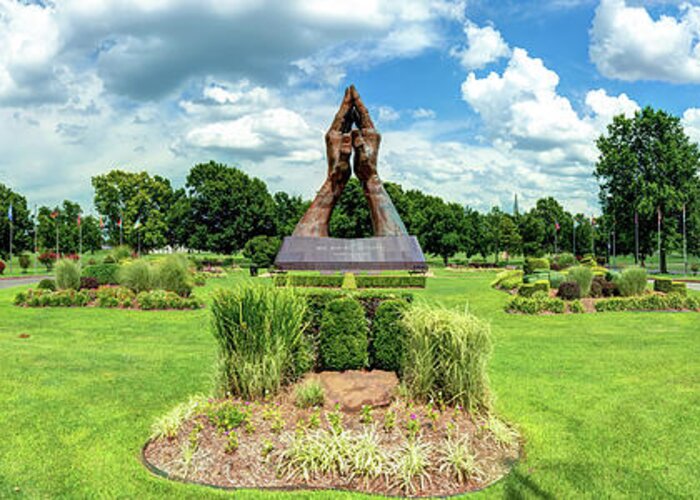 Oral Roberts University Greeting Card featuring the photograph ORU Praying Hands Panorama by Gregory Ballos
