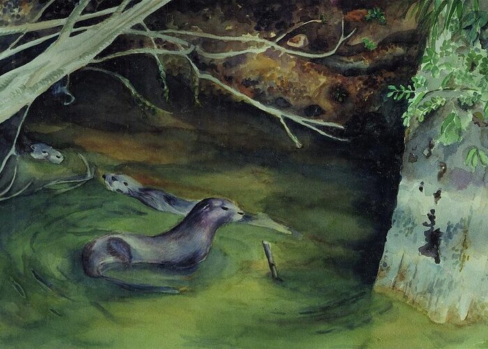 Otters Greeting Card featuring the painting Otters in Dora Passage by Judy Swerlick
