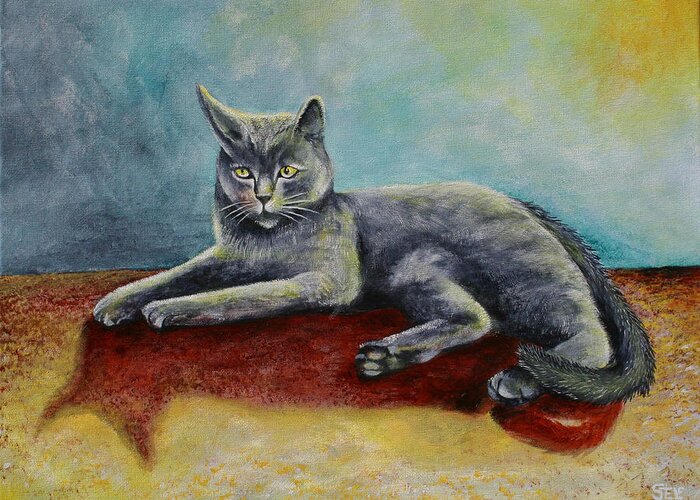 Gray Cat Greeting Card featuring the painting Our Cat Booty by Virginia Bond