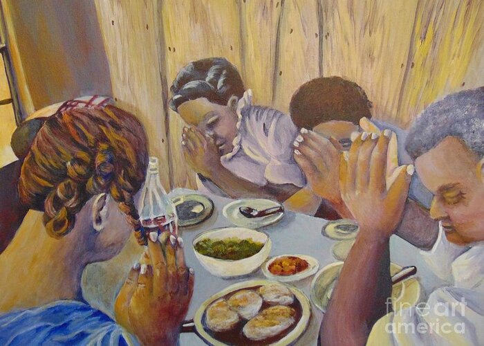 Prayer Greeting Card featuring the painting Our Daily Bread by Saundra Johnson