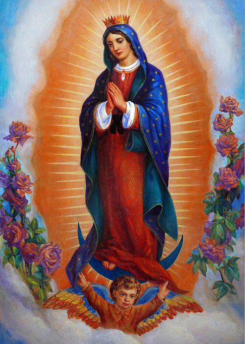 Altar Greeting Card featuring the painting Our Lady of Guadalupe - Virgen de Guadalupe by Svitozar Nenyuk