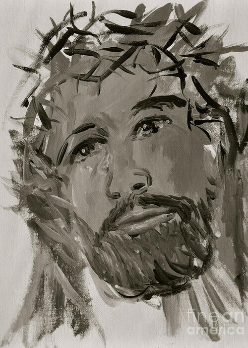 Christ Greeting Card featuring the painting Our Lord Cries in Black and White by Penny Neimiller