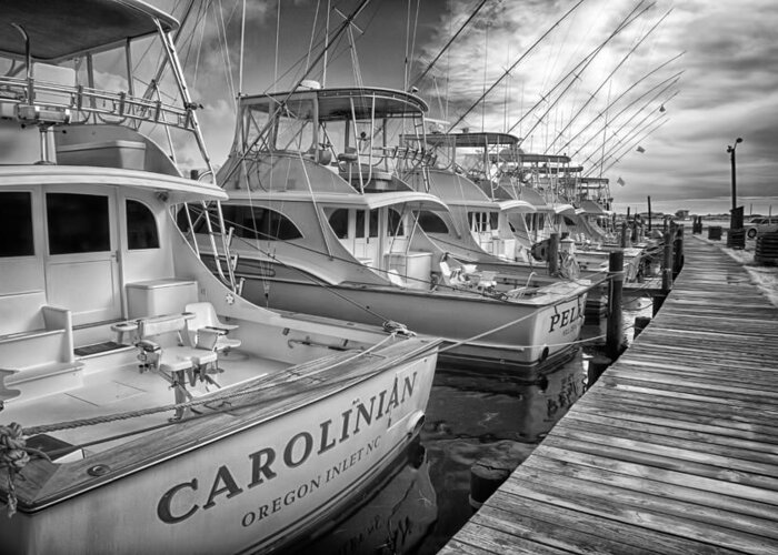 Outer Banks Greeting Card featuring the photograph Outer Banks Fishing Boats Waiting BW by Dan Carmichael
