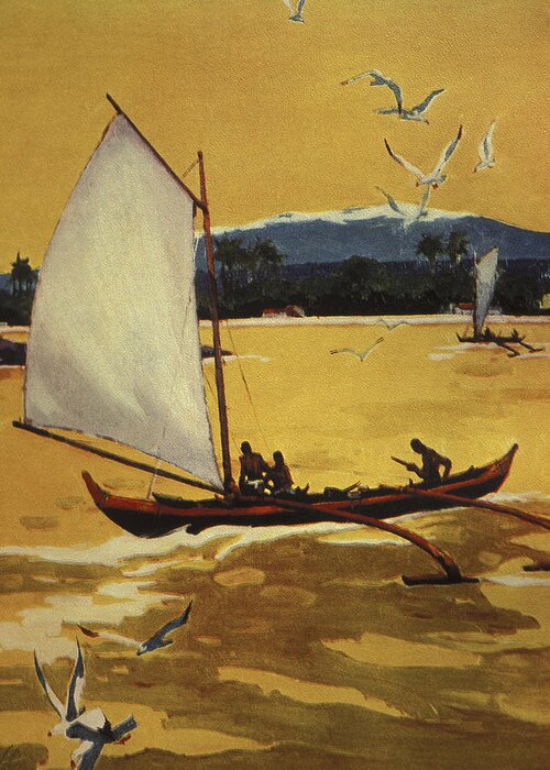 1922 Greeting Card featuring the painting Outrigger Off Shore by Hawaiian Legacy Archive - Printscapes