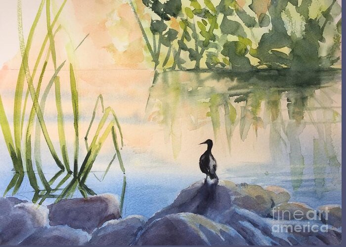 Duck Greeting Card featuring the painting Overlooking the Lake by Watercolor Meditations