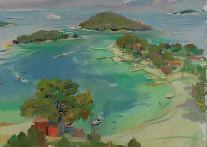 Overview Greeting Card featuring the painting Overview of Ksamil, Saranda, Albania by Buron Kaceli