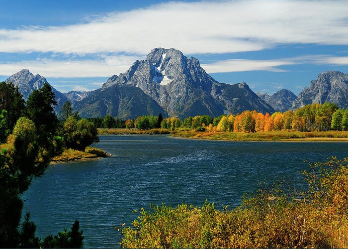 Mt. Moran Greeting Card featuring the photograph Oxbow Bend In Autumn borderless by Greg Norrell