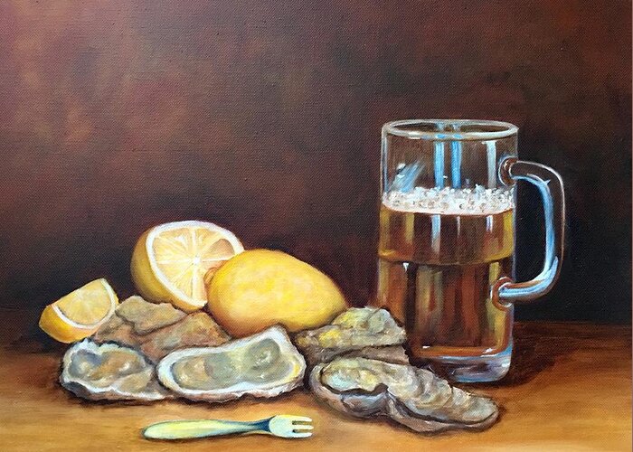 Still Life Greeting Card featuring the painting Oysters and Beer by Susan Dehlinger