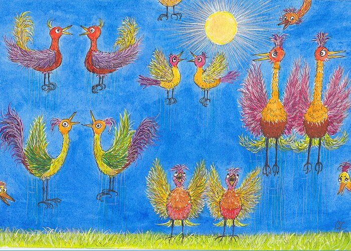 Fantasy Greeting Card featuring the drawing p11 Crazy Bouncing Birds by Charles Cater