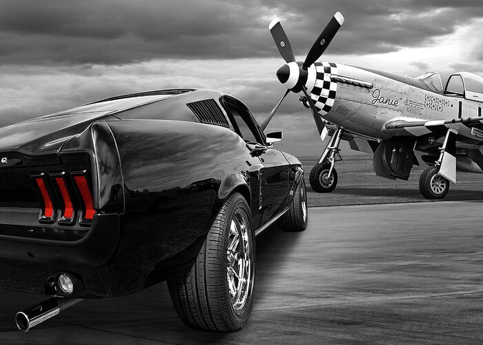 Ford Mustang Greeting Card featuring the photograph P51 with Black '67 Fastback Mustang by Gill Billington