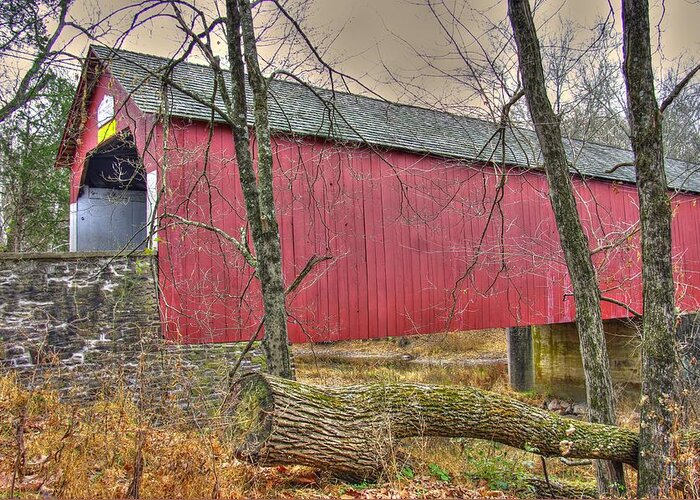 Frankenfield Covered Bridge Greeting Card featuring the photograph PA Country Roads - Frankenfield Covered Bridge Over Tinicum Creek No. 8 - Autumn Bucks County by Michael Mazaika