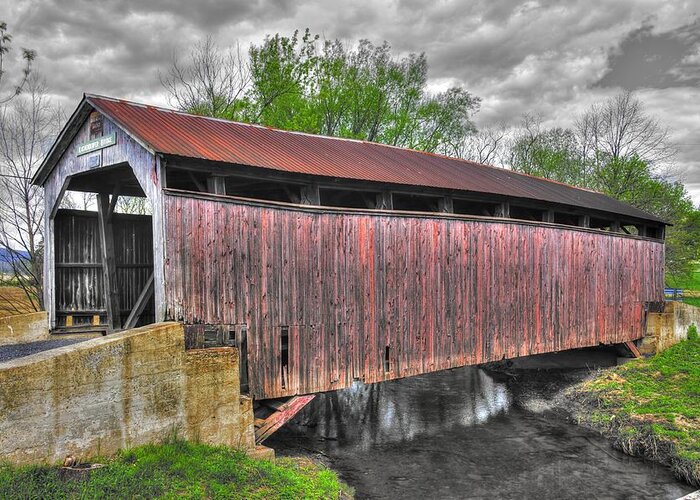 Kochenderfer Covered Bridge Greeting Card featuring the photograph PA Country Roads - Kochenderfer Covered Bridge Over Big Buffalo Creek No. 1A-Alt - Perry County by Michael Mazaika