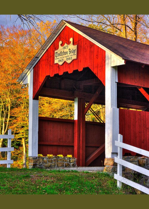 Trostletown Covered Bridge Greeting Card featuring the photograph PA Country Roads - Trostletown Covered Bridge Over Stony Creek No. 6A Close1 - Somerset County by Michael Mazaika