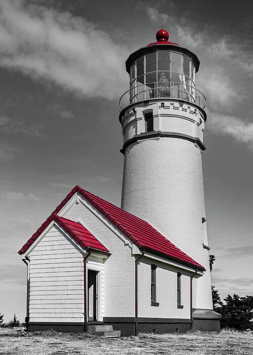 Clouds Greeting Card featuring the photograph Pacific Coastal Lighthouse in Creative Black and White by Debra and Dave Vanderlaan