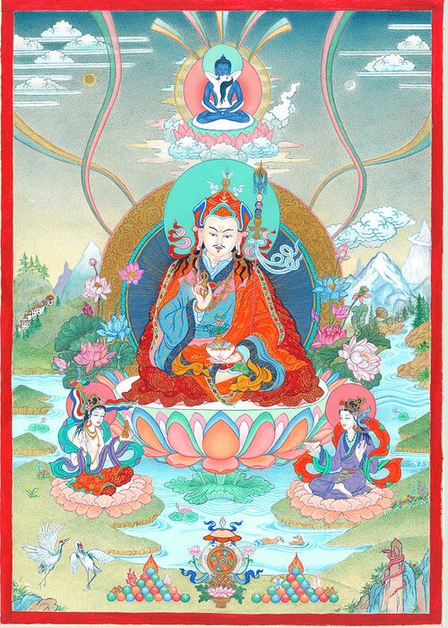 Thangka Greeting Card featuring the painting Padmasambhava with Yeshe Tsogyal and Mandarava by Angeli Lhadipa