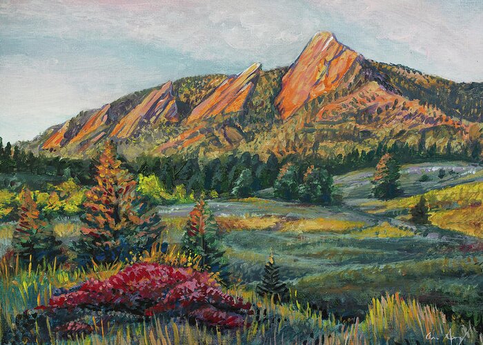 Flatirons Greeting Card featuring the painting Painting - Boulder Flatirons by Aaron Spong