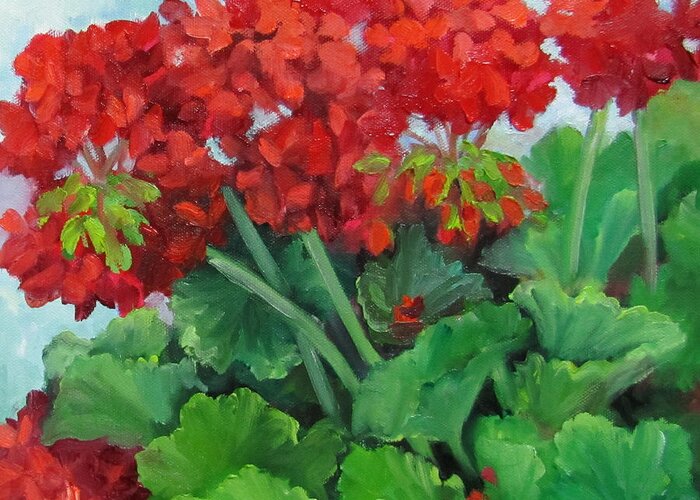 Geraniums Greeting Card featuring the painting Painting of Red Geraniums by Cheri Wollenberg
