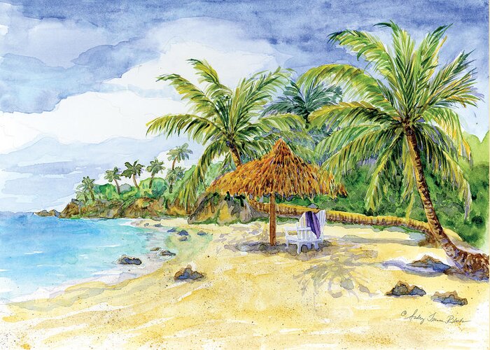 Palappa Greeting Card featuring the painting Palappa n Adirondack Chairs on a Caribbean Beach by Audrey Jeanne Roberts
