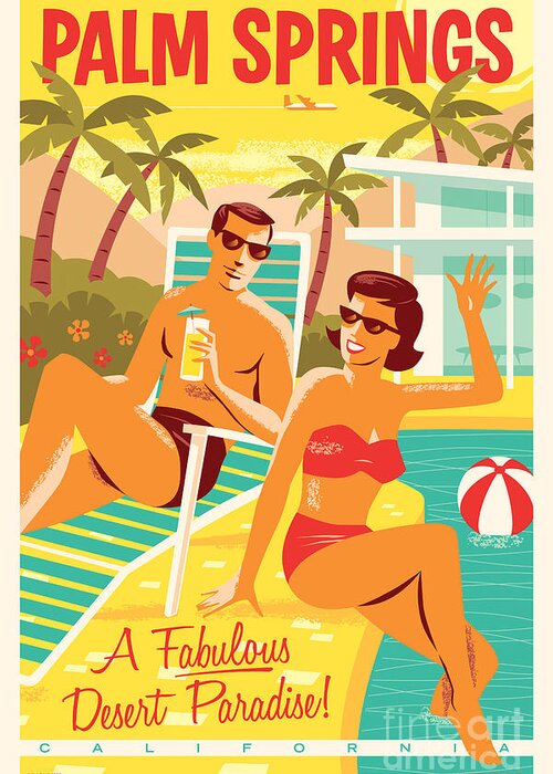 Pop Art Greeting Card featuring the digital art Palm Springs Poster - Retro Travel by Jim Zahniser