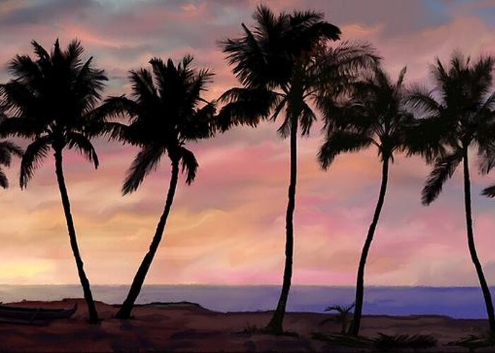 Hawaiian Sunset Greeting Card featuring the painting Palm Tree Sunset with Canoe by Stephen Jorgensen