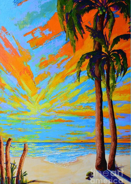 Florida Palm Trees Greeting Card featuring the painting Florida Palm Trees, Tropical Beach, Colorful Sunset Painting by Patricia Awapara