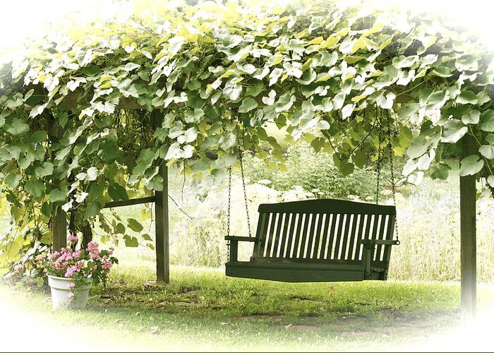 Grape Arbor Greeting Card featuring the photograph Pammys Swing by Penny Neimiller