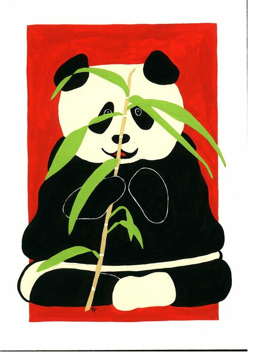 Panda Greeting Card featuring the painting Panda with Bamboo by Terry Taylor