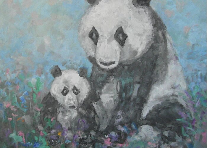 Zoo Greeting Card featuring the painting Pandas II by Guillermo Serrano de Entrambasaguas