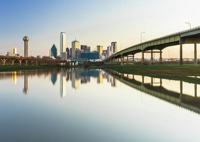 Dallas Greeting Card featuring the photograph Panorama of Dallas Skyline with reflection 2 by Mati Krimerman