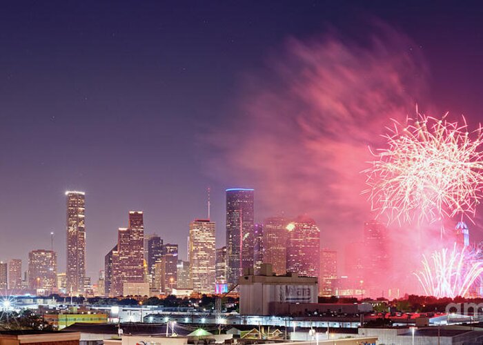 Downtown Greeting Card featuring the photograph Panorama of Downtown Houston Skyline Fireworks on the 4th of July - Harris County Texas by Silvio Ligutti