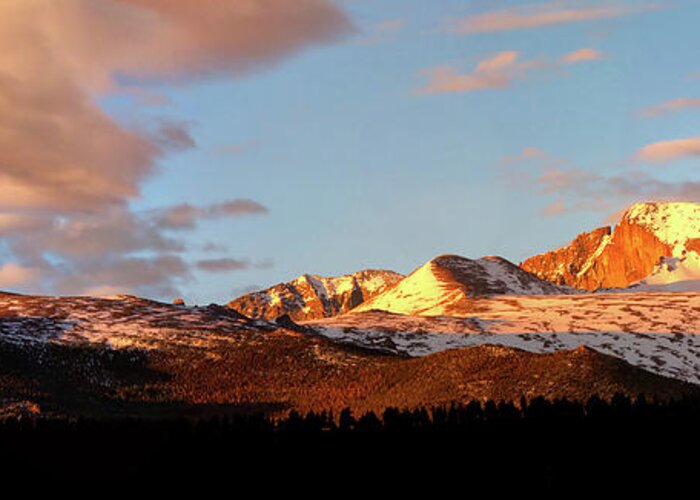 Longs Peak Greeting Card featuring the photograph Panorama View of Longs Peak at sunrise by Ronda Kimbrow