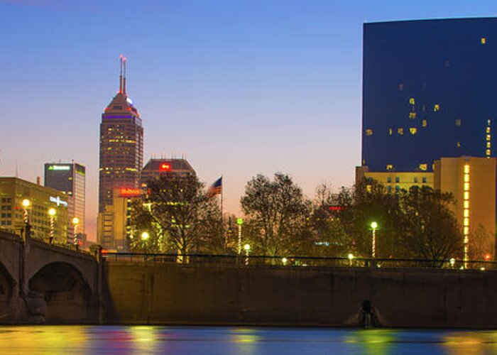 Indianapolis Skyline Greeting Card featuring the photograph Panoramic Indianapolis Skyline Morning by Gregory Ballos