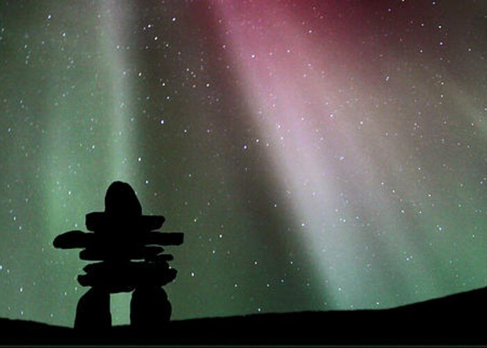 Greeting Card featuring the digital art Panoramic Inukshuk Northern Lights by Mark Duffy