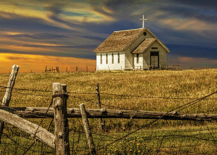 Church Greeting Card featuring the photograph Panoramic of Old Rural Country Church at Sunset on the Prairie by Randall Nyhof