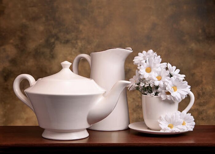 Still Life Greeting Card featuring the photograph Panoramic Teapot with Daisies by Tom Mc Nemar