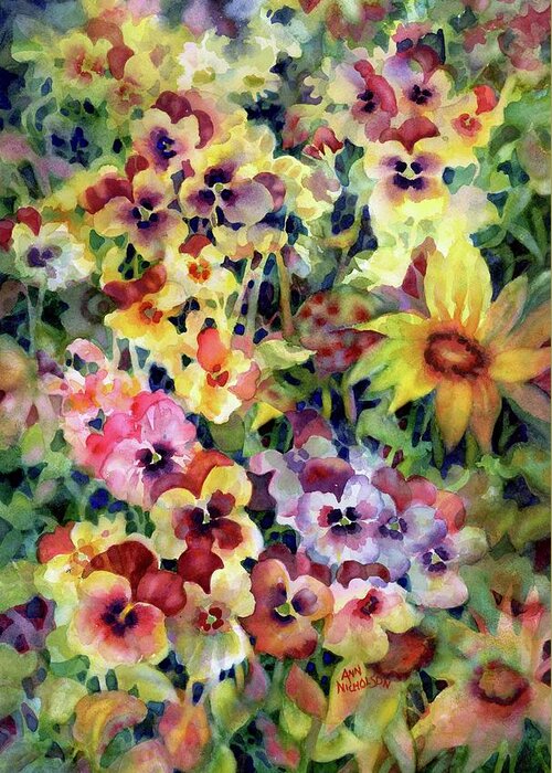 Watercolor Painting Greeting Card featuring the painting Pansies by Ann Nicholson