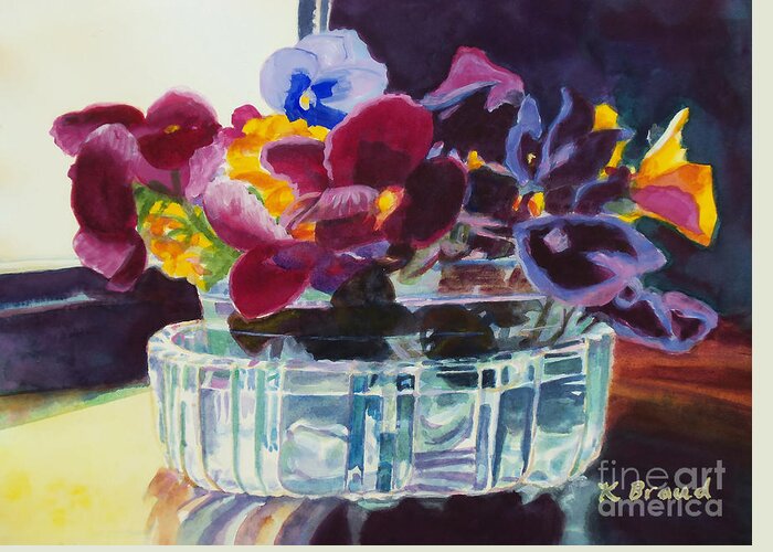 Paintings Greeting Card featuring the painting Pansies in Crystal Vase  by Kathy Braud
