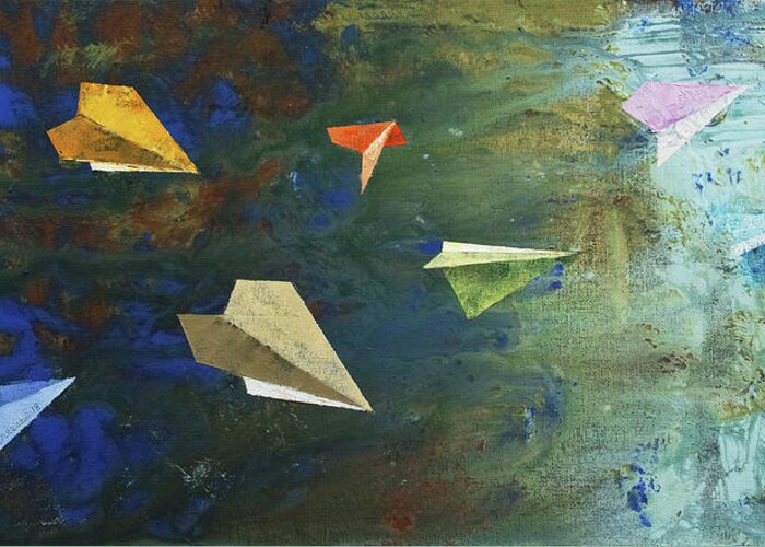 Origami Greeting Card featuring the painting Paper Airplanes by Michael Creese