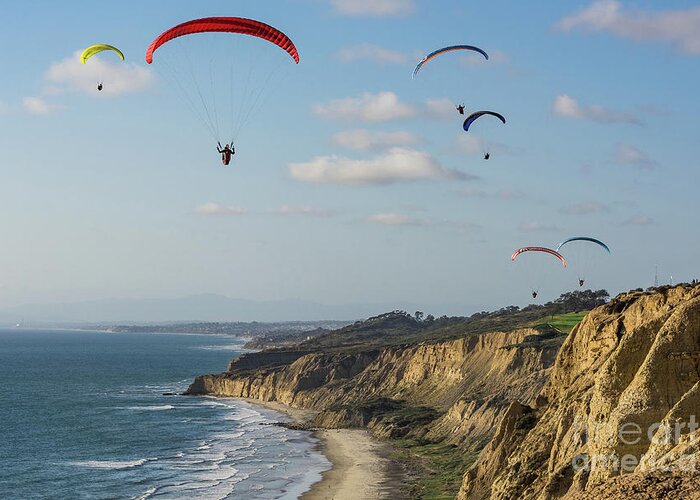 Beach Greeting Card featuring the photograph Paragliders at Torrey Pines Gliderport Over Black's Beach by David Levin