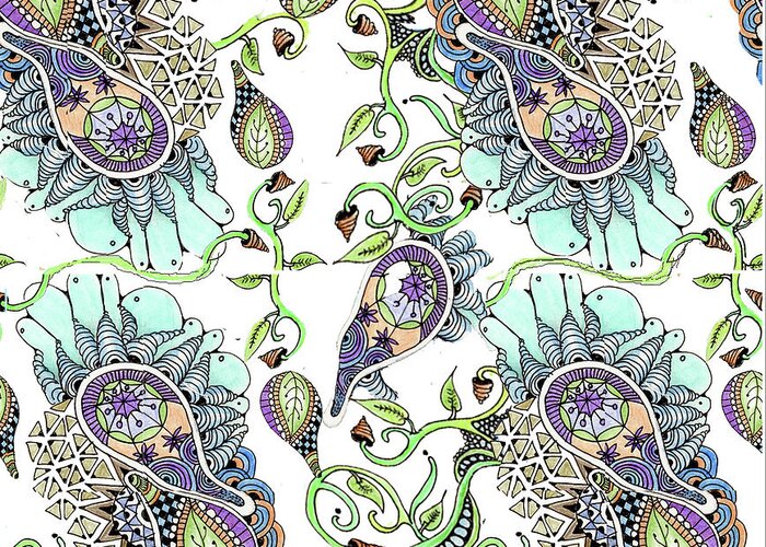 Fabric Patterns Pen And Ink Leaves Zentangles Doodles Purple And Blue Greeting Card featuring the tapestry - textile Parameecee by Ruth Dailey