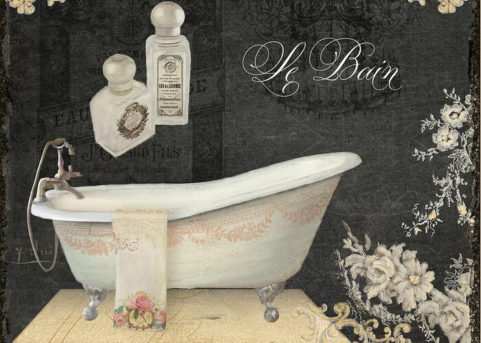 Chalk Greeting Card featuring the painting Paris - Chalkboard Le Bain or The Bath Chandelier and tub with Roses by Audrey Jeanne Roberts