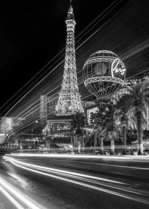 Eifel Tower Greeting Card featuring the photograph Paris In Las Vegas Strip Light Show BW by Susan Candelario