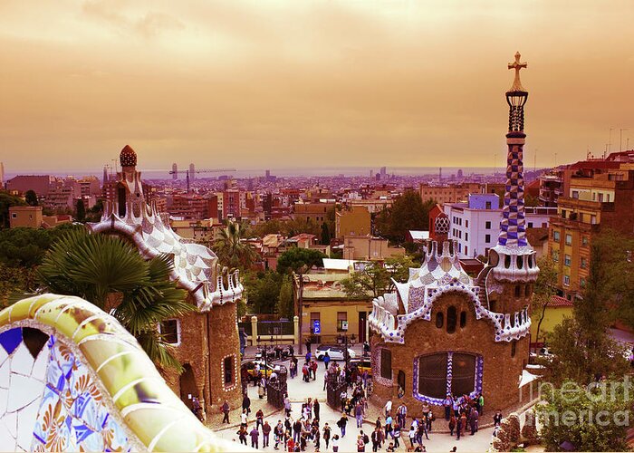 Antonio Gaudi Greeting Card featuring the photograph Park Guell at Sunset in Barcelona by Anastasy Yarmolovich