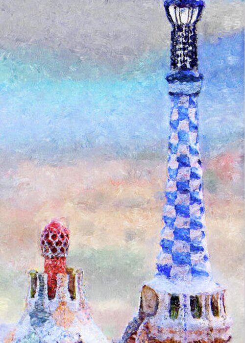 Park Guell Greeting Card featuring the photograph Park Guell tower painting- Gaudi by Weston Westmoreland