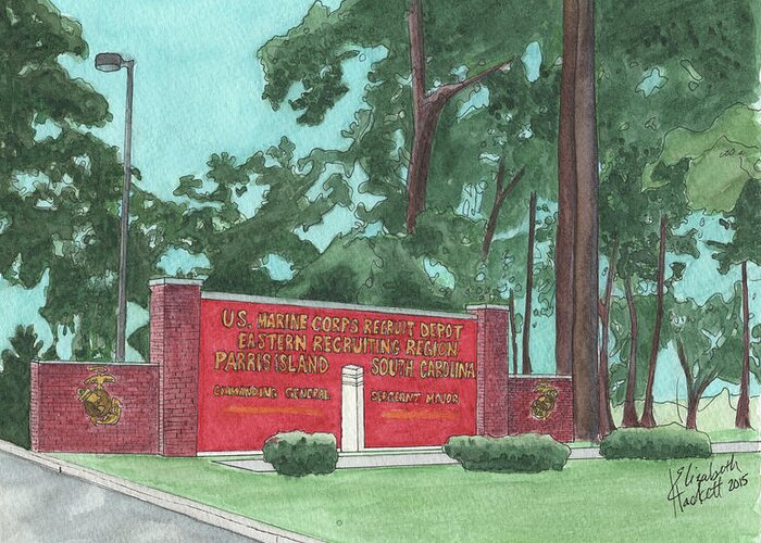 Marine Corps Greeting Card featuring the painting Parris Island Welcome by Betsy Hackett